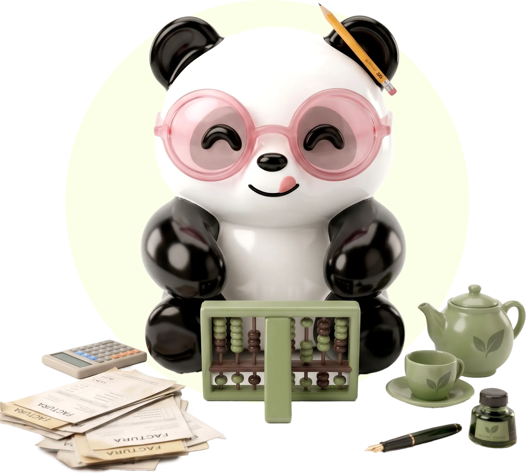 Pandi the panda, in pink glasses with a pencil behind one ear, counting on an abacus next to a stack of invoices and a pot of green tea
